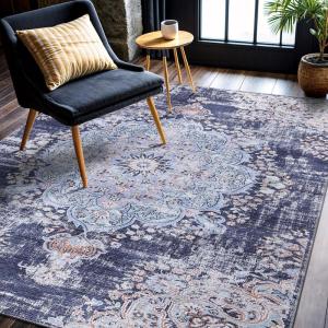 CAMILSON Machine Washable Area Rugs for Living Room Bedroom, Distressed Vintage Washable Rug 5×7, Non Slip Backing, Stain and Water Resistant, Traditional Bohemian Indoor Carpet (5 x 7, Blue)