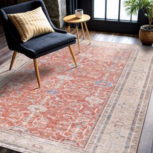 CAMILSON Machine Washable Area Rugs for Living Room Bedroom, Distressed Vintage Washable Rug, Non Slip Backing, Stain and Water Resistant, Bordered Indoor Carpet Orange Beige 5’3”x7′