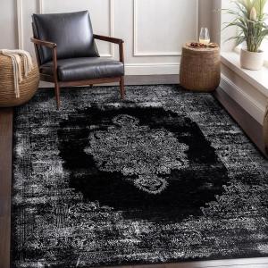 CAMILSON Machine Washable Area Rugs for Living Room Bedroom, Distressed Vintage Washable Rug, Non Slip Backing, Stain and Water Resistant, Traditional Bohemian Indoor Carpet Black White 5’3”x7′