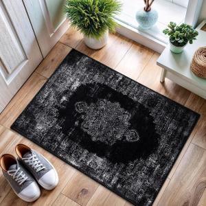 CAMILSON Machine Washable Rug, Distressed Vintage Medallion Indoor Entryway Mats, Living Area Entryways Rugs, Stain and Water Resistant, Traditional Bohemian Indoor Carpet Black White 2’x3′