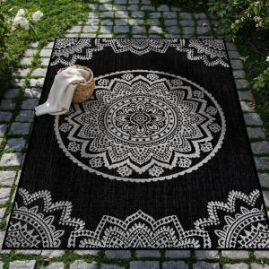 CAMILSON Outdoor Rug 5×7 Modern Area Rugs for Indoor and Outdoor Patios and Porches – Waterproof Washable Non-Shedding Easy-to-Clean Outside Carpet (5 x 7, Medallion – Dark Grey/Light Grey)(Medallion – Black / White)