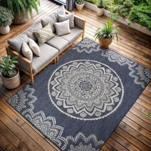 CAMILSON Outdoor Rug 5×7 Modern Area Rugs for Indoor and Outdoor Patios and Porches – Waterproof Washable Non-Shedding Easy-to-Clean Outside Carpet (5 x 7, Medallion – Dark Grey/Light Grey)(Medallion – Blue / White)
