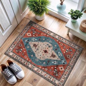 CAMILSON Printed Bathroom Rugs Oriental Retro Traditional Vintage Area Rug 2×3 Non-Shedding Ultra Thin Super Strong Stain Resistant Indoor Carpet for Hallway Kitchen Office (2 x 3 / Red)