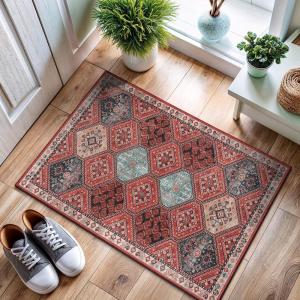 CAMILSON Printed Bathroom Rugs Oriental Retro Vintage Distressed Area Rug 2×3 Non-Shedding Ultra Thin Super Strong Stain Resistant Indoor Carpet for Hallway Kitchen Office (2 x 3 / Rust Red)