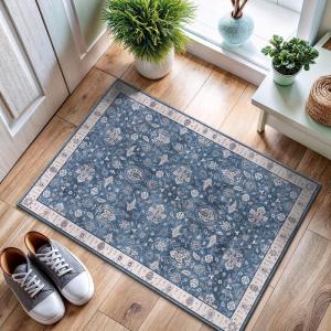 CAMILSON Printed Bathroom Rugs Oriental Retro Vintage Floral Area Rug 2×3 Non-Shedding Ultra Thin Super Strong Stain Resistant Indoor Carpet for Hallway Kitchen Office (2 x 3 / Navy Blue)