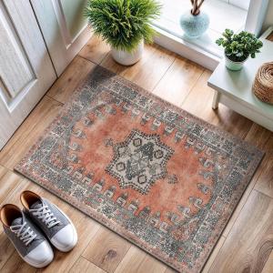 CAMILSON Printed Bathroom Rugs Oriental Retro Vintage Medallion Area Rug 2×3 Non-Shedding Ultra Thin Super Strong Stain Resistant Indoor Carpet for Hallway Kitchen Office (2 x 3 / Orange)