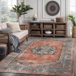 CAMILSON Printed Living Room Rugs Oriental Retro Distressed Medallion Area Rug 5×7 Non-Shedding Ultra Thin Super Strong Stain Resistant Indoor Carpet for Hallway Kitchen (5 x 7 / Orange)