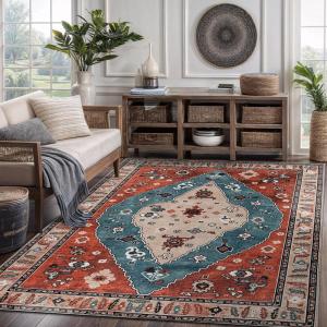 CAMILSON Printed Living Room Rugs Oriental Retro Vintage Distressed Area Rug 5×7 Non-Shedding Ultra Thin Super Strong Stain Resistant Indoor Carpet for Hallway Kitchen Office (5 x 7 / Red)