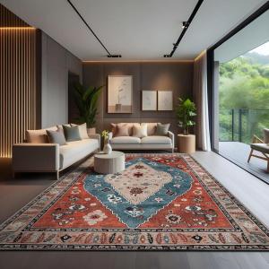 CAMILSON Printed Living Room Rugs Oriental Retro Vintage Distressed Area Rug 9×12 Non-Shedding Ultra Thin Super Strong Stain Resistant Indoor Carpet for Hallway Kitchen Office (9 x 12 / Red)
