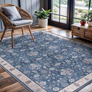 CAMILSON Printed Living Room Rugs Oriental Retro Vintage Floral Area Rug 5×7 Non-Shedding Ultra Thin Super Strong Stain Resistant Indoor Carpet for Hallway Kitchen (5 x 7 / Navy Blue)