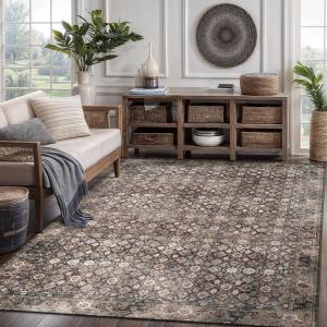 CAMILSON Printed Living Room Rugs Oriental Retro Vintage Floral Area Rug 5×7 Non-Shedding Ultra Thin Super Strong Stain Resistant Indoor Carpet for Hallway Kitchen (5 x 7 / Wood Beige)