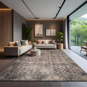CAMILSON Printed Living Room Rugs Oriental Retro Vintage Floral Area Rug 9×12 Non-Shedding Ultra Thin Super Strong Stain Resistant Indoor Carpet for Hallway Kitchen (9 x 12 / Wood Beige)