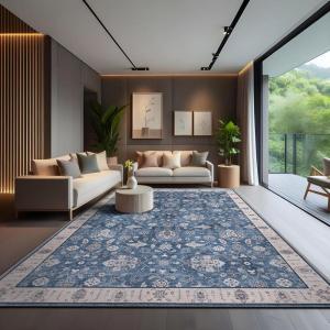 CAMILSON Printed Living Room Rugs Oriental Retro Vintage Floral Area Rug 9×12 Non-Shedding Ultra Thin Super Strong Stain Resistant Indoor Carpet for Hallway Kitchen (9 x 12 / Navy Blue)