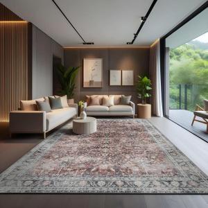 CAMILSON Printed Living Room Rugs Oriental Retro Vintage Floral Area Rug 9×12 Non-Shedding Ultra Thin Super Strong Stain Resistant Indoor Carpet for Hallway Kitchen Office (9 x 12 / Rust Red)