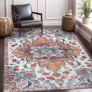 CAMILSON Printed Living Room Rugs Oriental Retro Vintage Medallion Area Rug 5×7 Non-Shedding Ultra Thin Super Strong Stain Resistant Indoor Carpet for Hallway Kitchen (5 x 7 Multicolor)