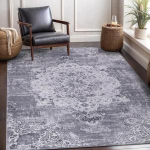CAMILSON Printed Living Room Rugs Retro Vintage Distressed Medallion Bohemian Area Rug 5×7 Non-Shedding with Ultra Thin Super Strong Stain Resistant Indoor Carpet for Hallway Kitchen (5 x 7 Gray)