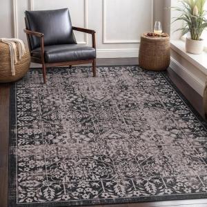 CAMILSON Printed Living Room Rugs Retro Vintage Distressed Medallion Floral Area Rug 5×7 Non-Shedding Ultra Thin Super Strong Stain Resistant Indoor Carpet for Hallway Kitchen (5 x 7 Black Beige)
