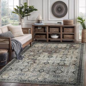 CAMILSON Printed Living Room Rugs Retro Vintage Distressed Traditional Area Rug 5×7 Non-Shedding Ultra Thin Super Strong Stain Resistant Indoor Carpet for Hallway Kitchen (5 x 7 Charcoal Olive)